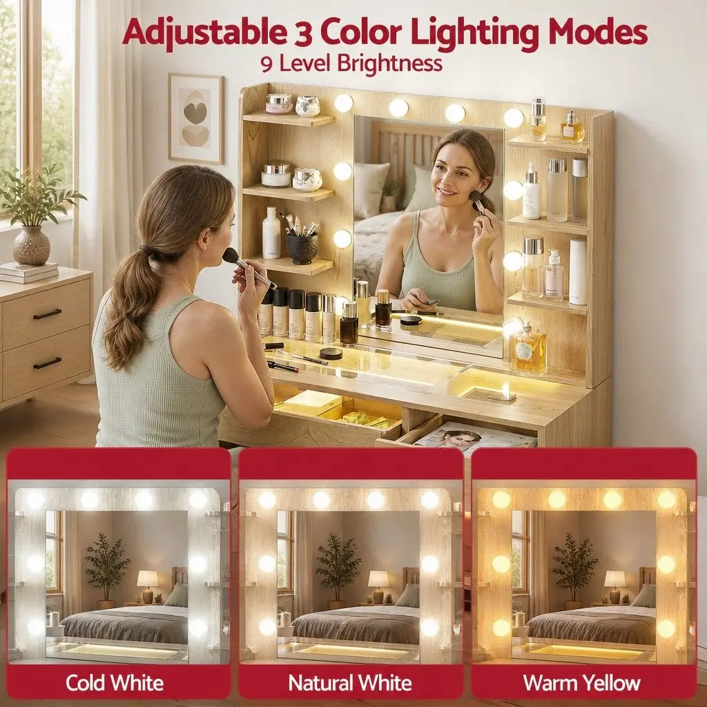 Dressing Table Vanity Desk with LED Mirror Storage Drawers Wood
