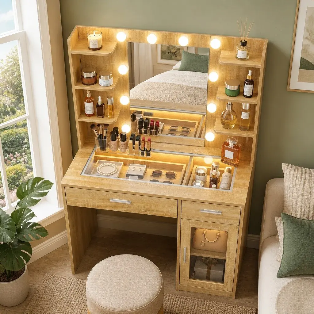 Dressing Table Vanity Desk with LED Mirror Storage Drawers Wood