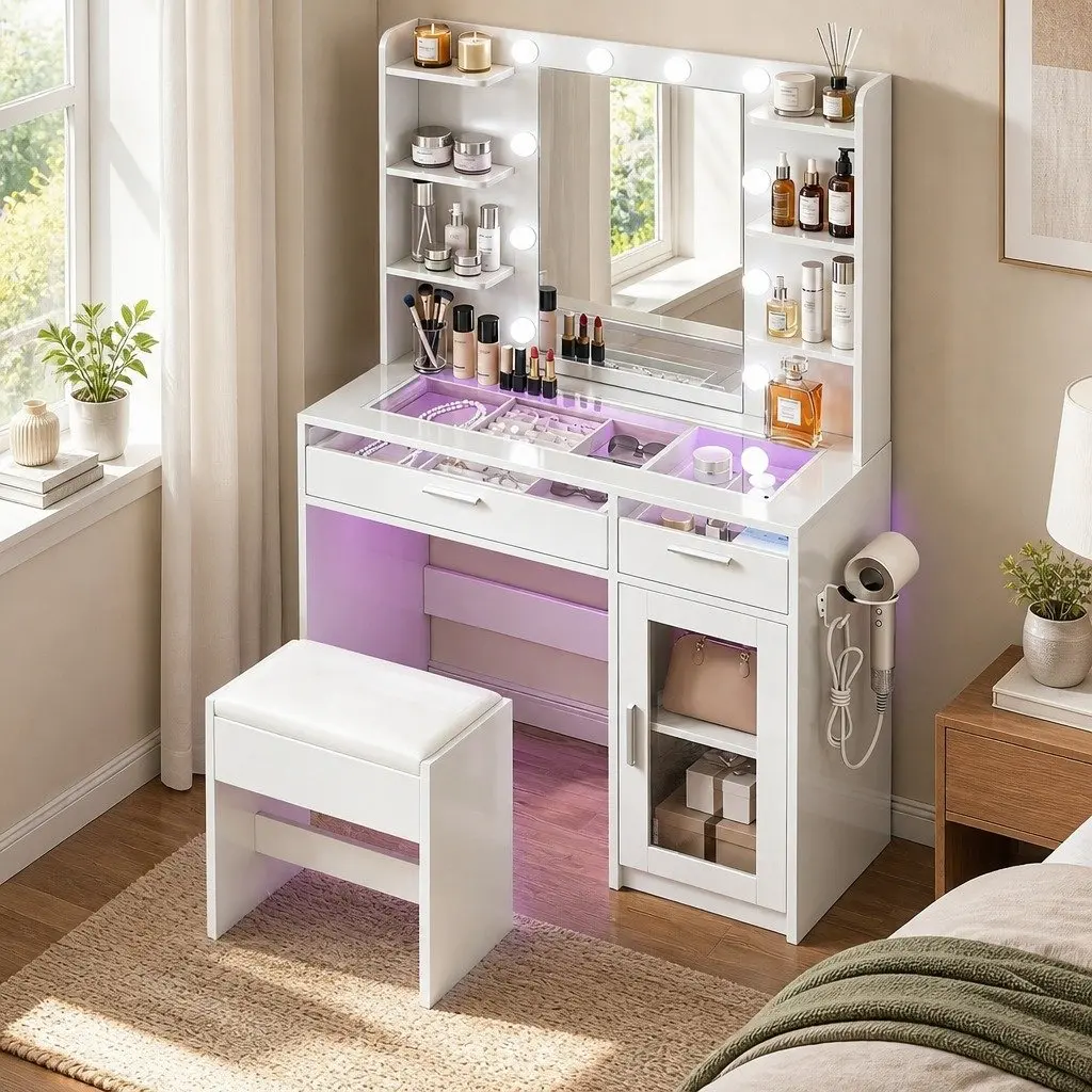 Dressing Table Vanity Desk with Hollywood Mirror RGB Light White