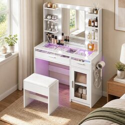 Modern Dressing Vanity with Adjustable RGB Mirror and Storage