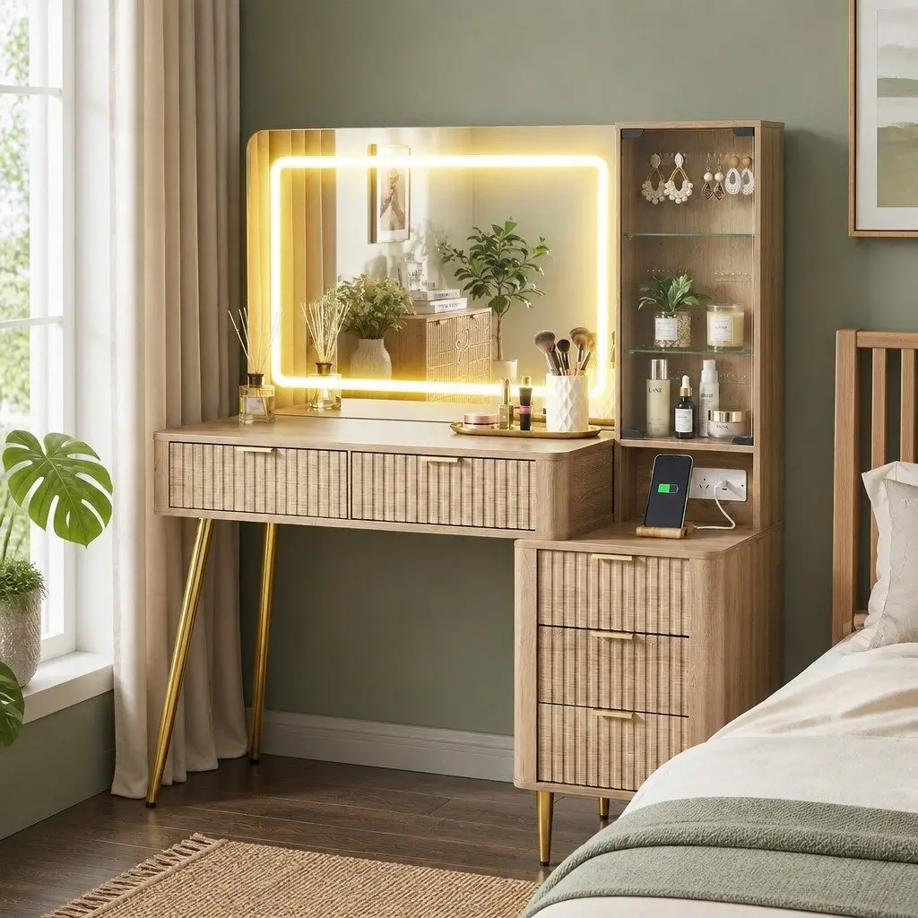 Dressing Table Vanity Desk with Makeup Mirror Charging Station 121cm Wood