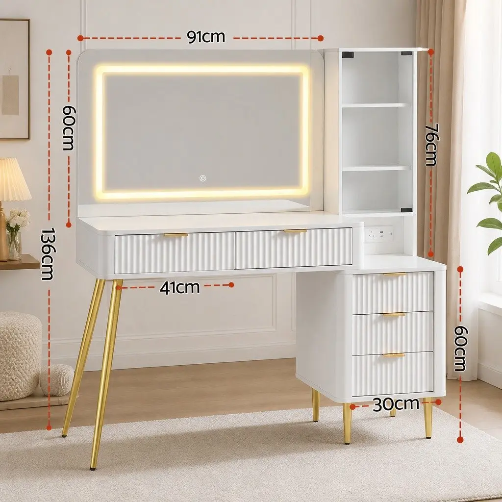 Dressing Table with Charging Station LED Vanity Desk White Hollywood Mirror 121cm