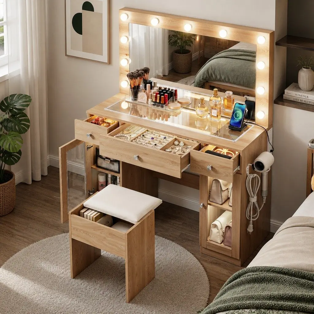 Dressing Table Vanity Desk with LED Mirror RGB Lighting Wood 105cm