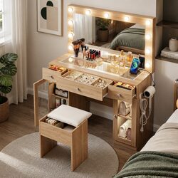 Dressing Table Vanity Desk with RGB LED Mirror and Storage
