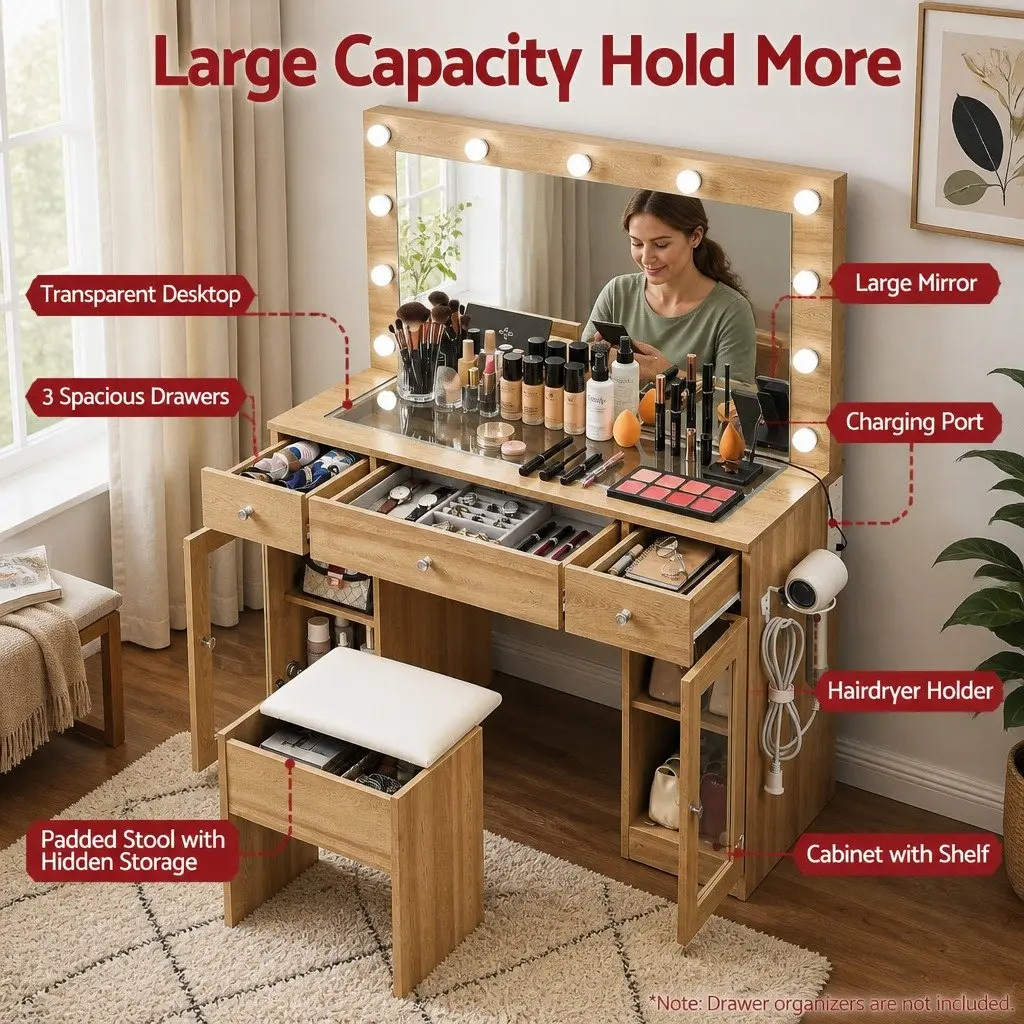 Dressing Table Vanity Desk with LED Mirror RGB Lighting Wood 105cm