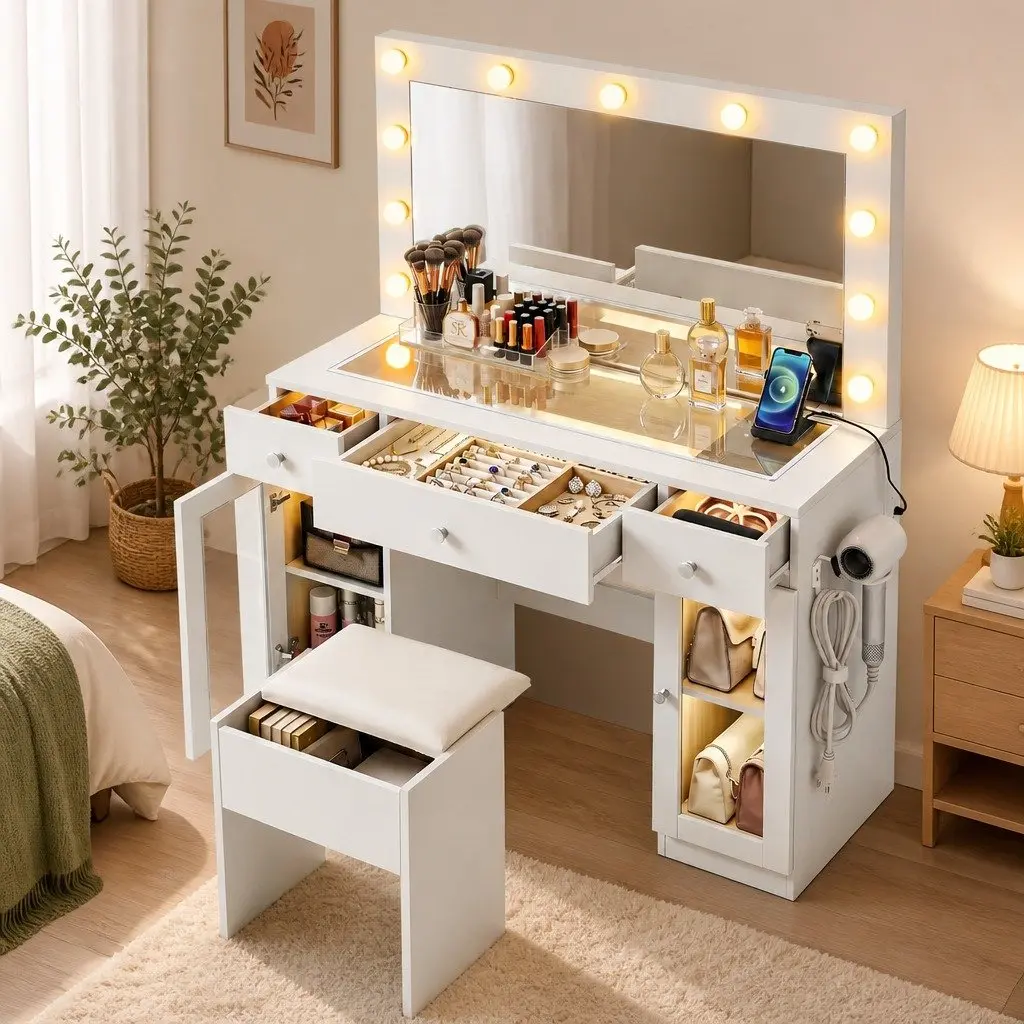 Dressing Table with Hollywood Mirror LED Bulbs RGB Light White 105cm x 40cm x 135cm