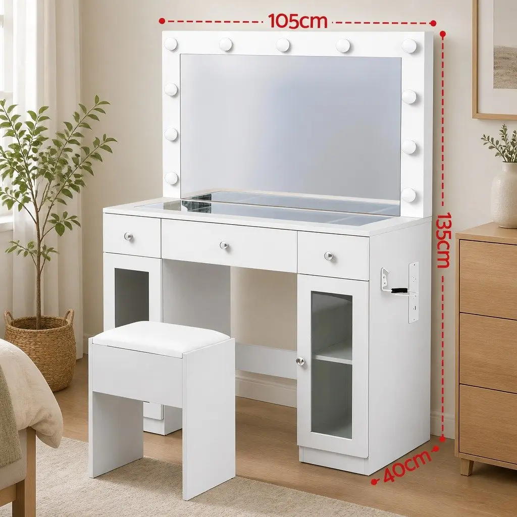 Dressing Table with Hollywood Mirror LED Bulbs RGB Light White 105cm x 40cm x 135cm