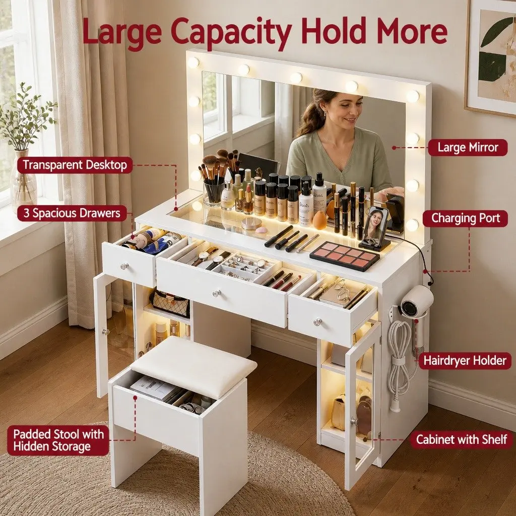 Dressing Table with Hollywood Mirror LED Bulbs RGB Light White 105cm x 40cm x 135cm
