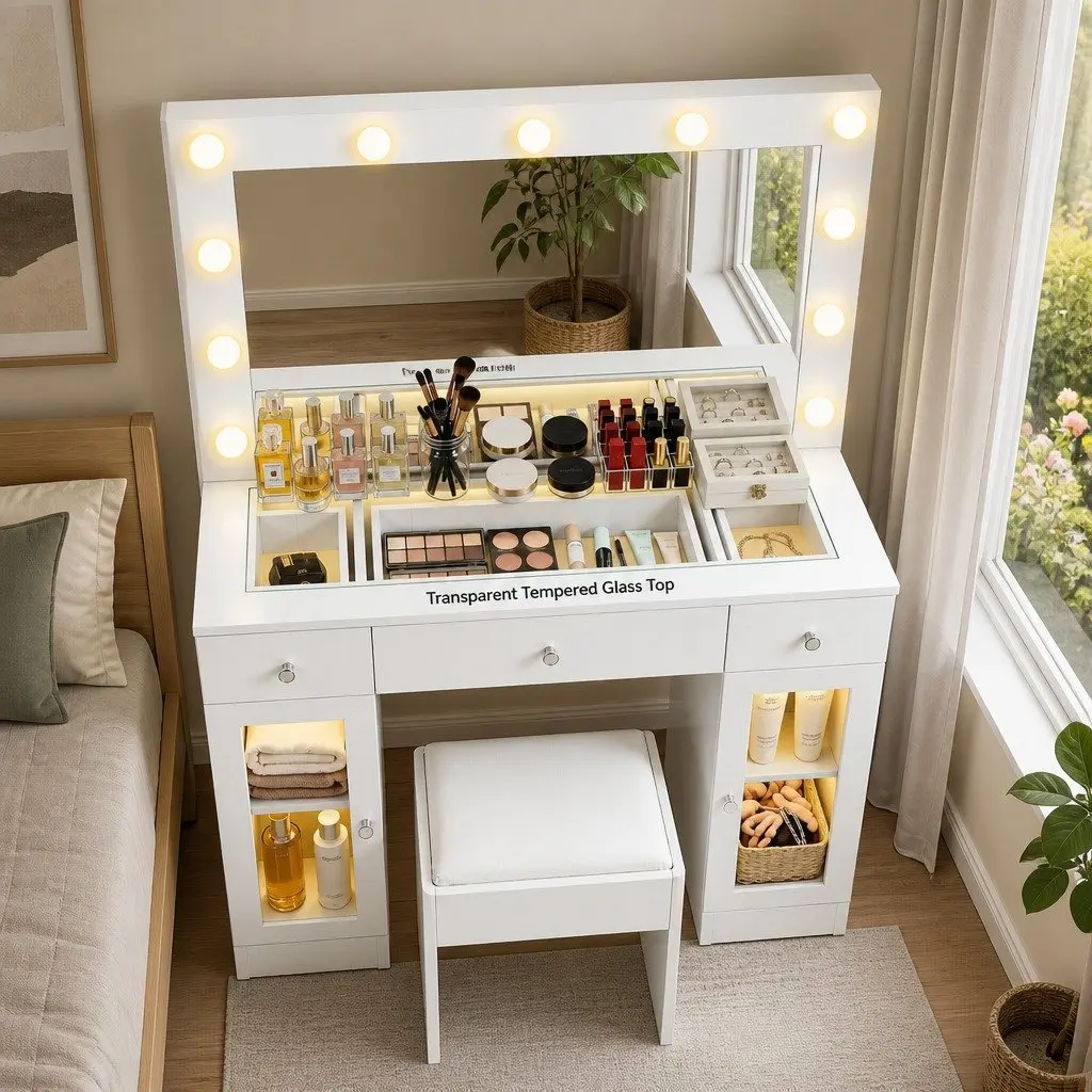 Dressing Table with Hollywood Mirror LED Bulbs RGB Light White 105cm x 40cm x 135cm