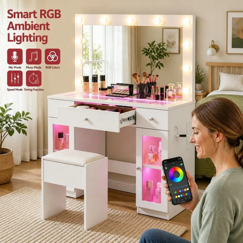 Dressing Table with Hollywood Mirror LED Bulbs RGB Light White 105cm x 40cm x 135cm