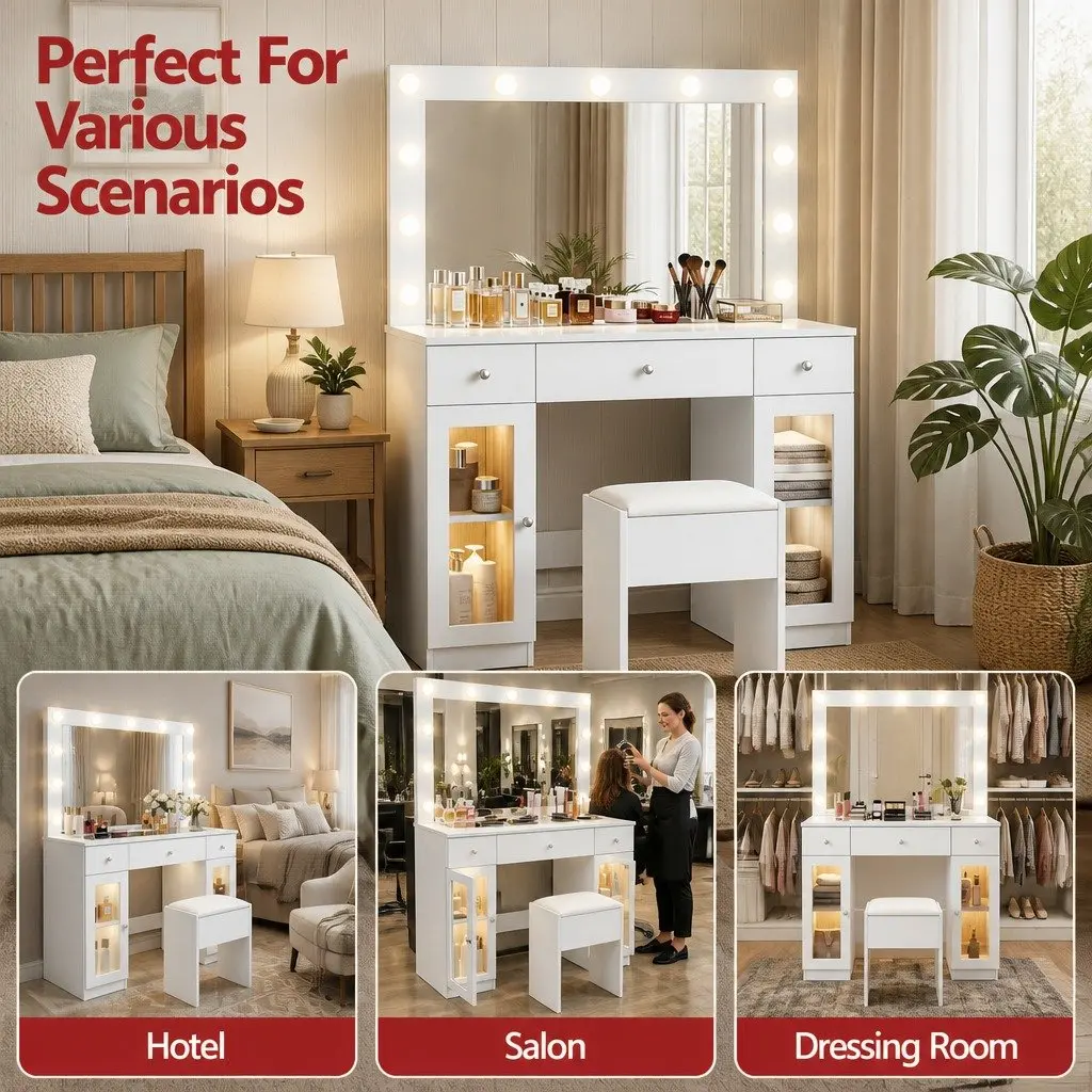 Dressing Table with Hollywood Mirror LED Bulbs RGB Light White 105cm x 40cm x 135cm