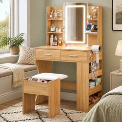 Dressing Vanity Desk with LED Mirror and Storage