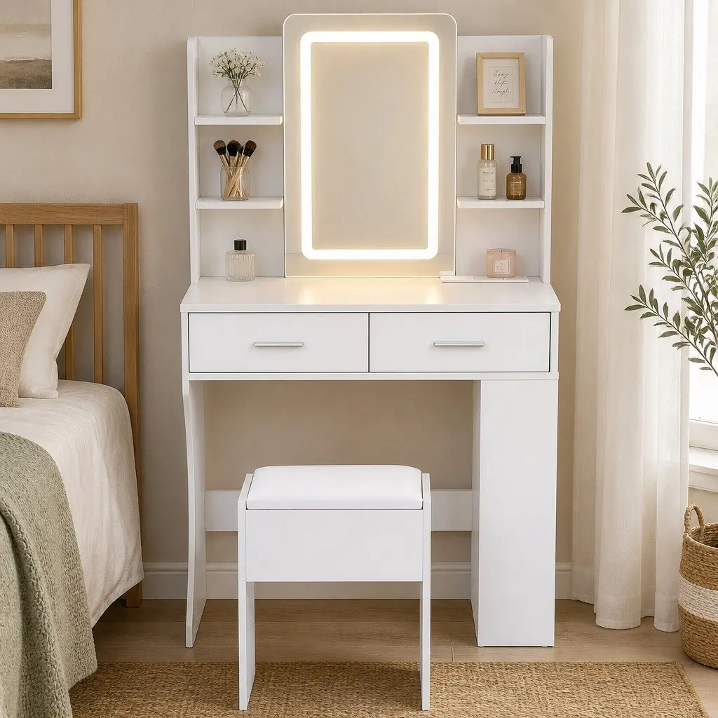 LED Vanity Dressing Table with Mirror and Stool Compact White