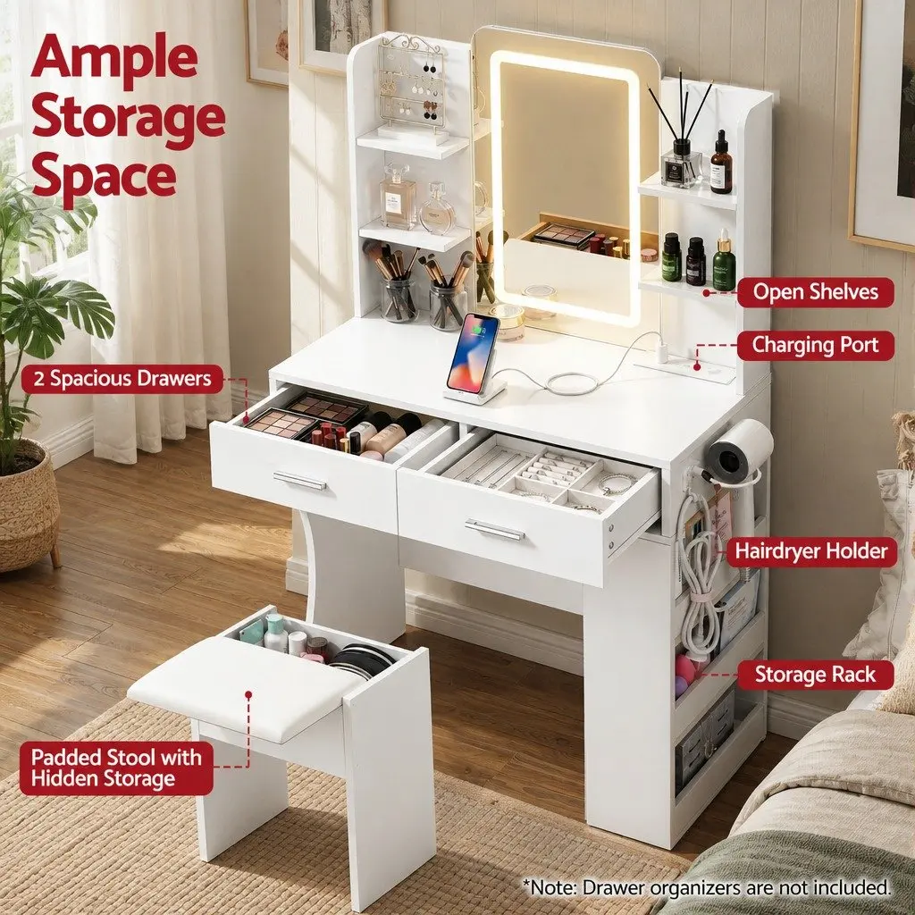 LED Vanity Dressing Table with Mirror and Stool Compact White