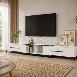White Extendable TV Cabinet with Four Storage Drawers