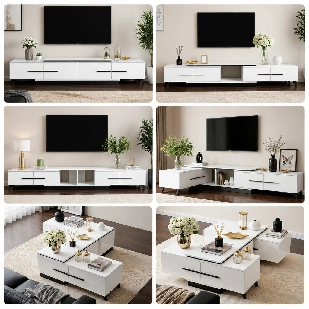 Extendable TV Unit Storage Drawers 190-260cm White