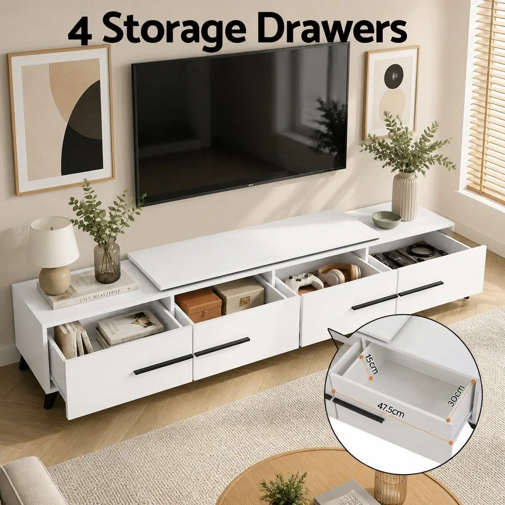 Extendable TV Unit Storage Drawers 190-260cm White