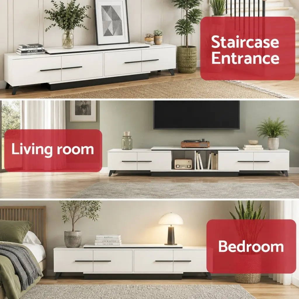 Extendable TV Unit Storage Drawers 190-260cm White