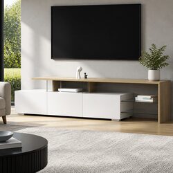 White Wood 180cm TV Cabinet with Glass Shelves