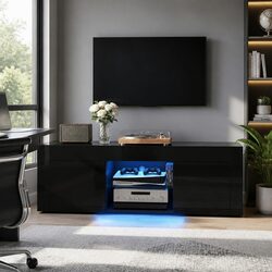 130cm Black TV Unit with LED Lighting and Storage Options