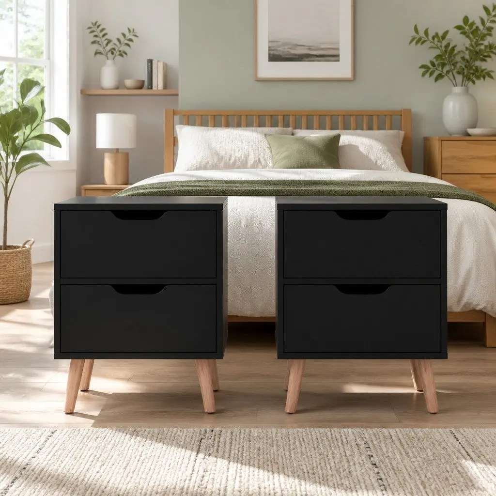 Bedside Table 2 Drawers Black Bedroom Nightstand Storage Cabinet Furniture