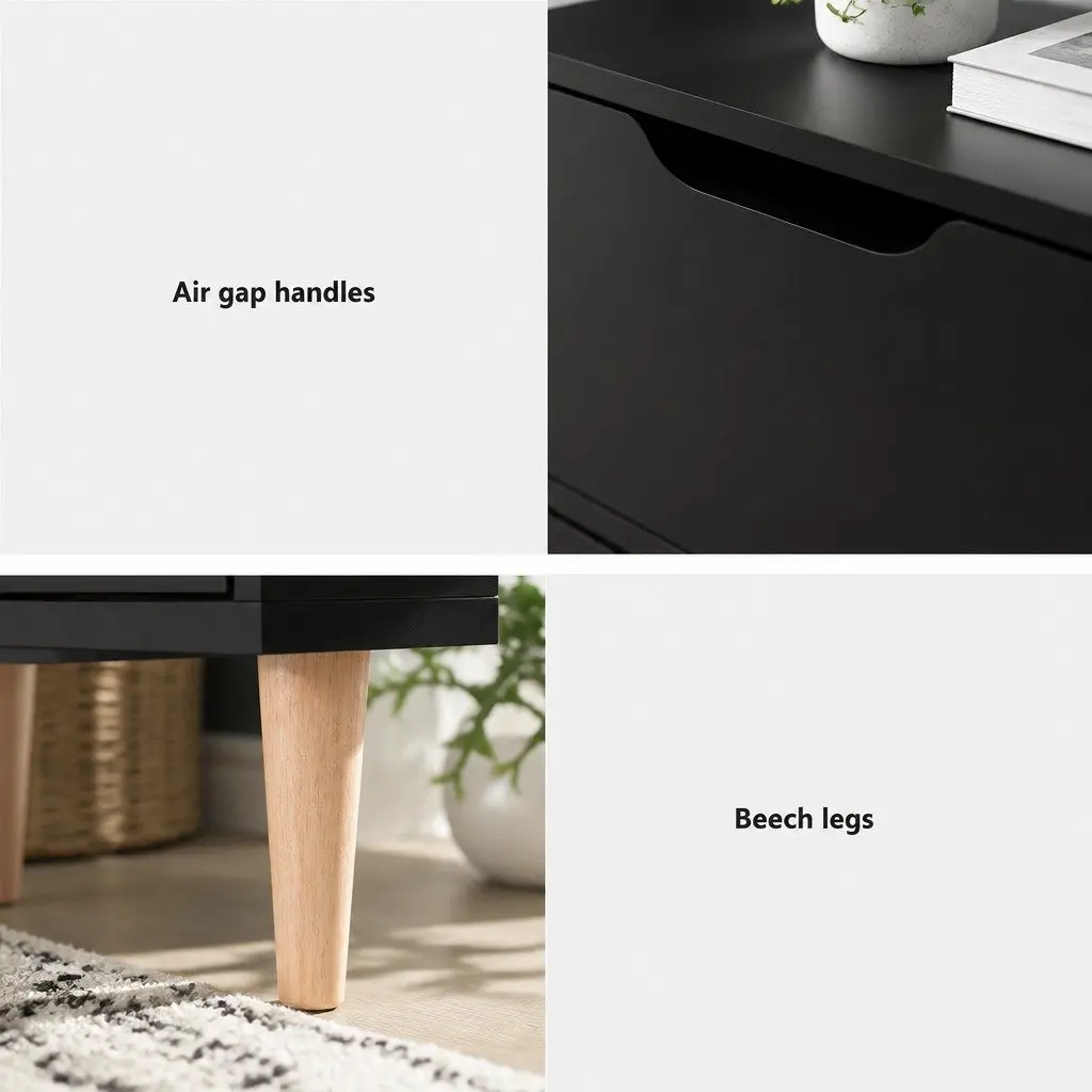 Bedside Table 2 Drawers Black Bedroom Nightstand Storage Cabinet Furniture