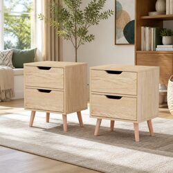Black Pine Wood Nightstand with 2 Storage Drawers