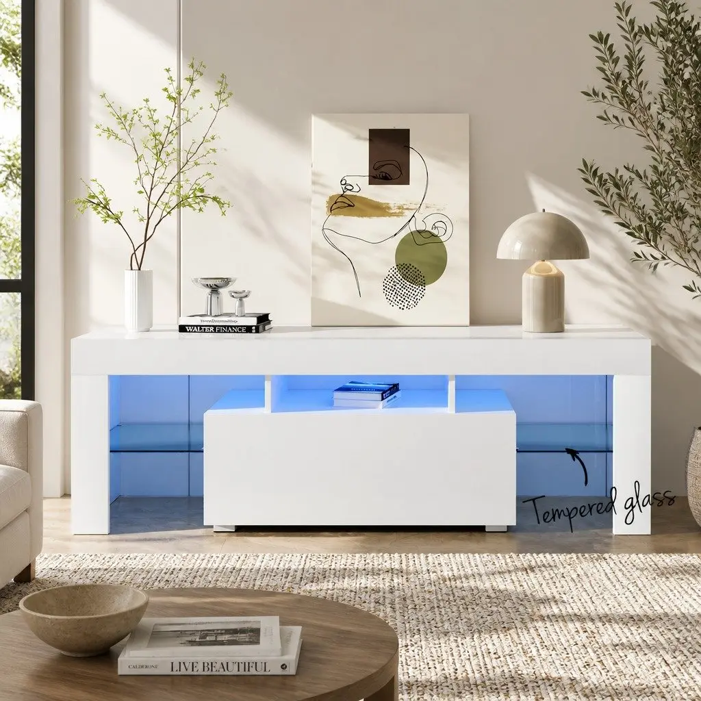 130cm White LED Entertainment Unit with Glass Shelves