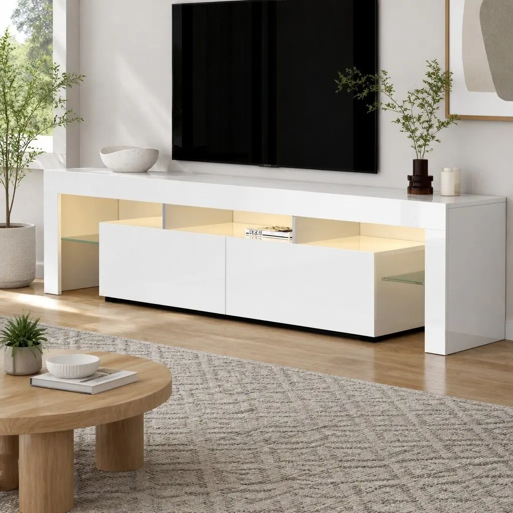 LED Entertainment Unit Storage Drawers Tempered Glass Shelf 189cm White