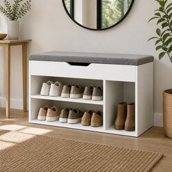 White Shoe Cabinet Bench with Storage and Cushion