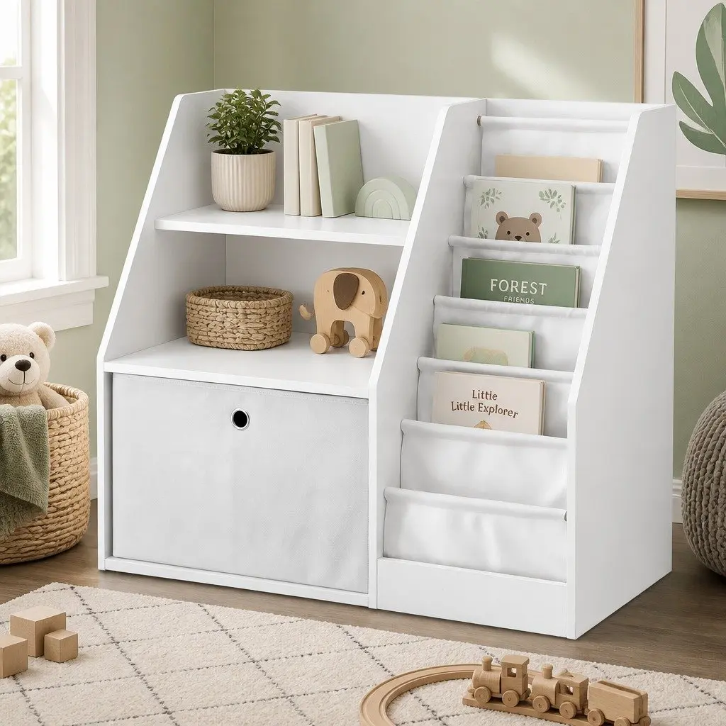 Kids Bookshelf Storage Organizer with Fabric Sling Pouches 3 Tier White