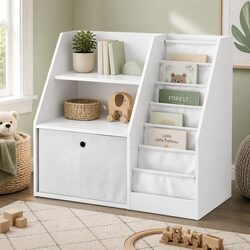 Kids Bookshelf Organizer with Sling Pouches and Drawer