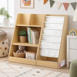 Functional Kids Bookshelf Storage with Sling Pouches