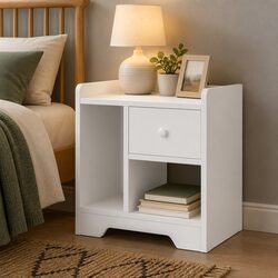 Compact Bedside Table with Drawer and Open Shelf in White