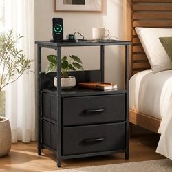 Compact Black Nightstand with LED Lighting and Charging Ports