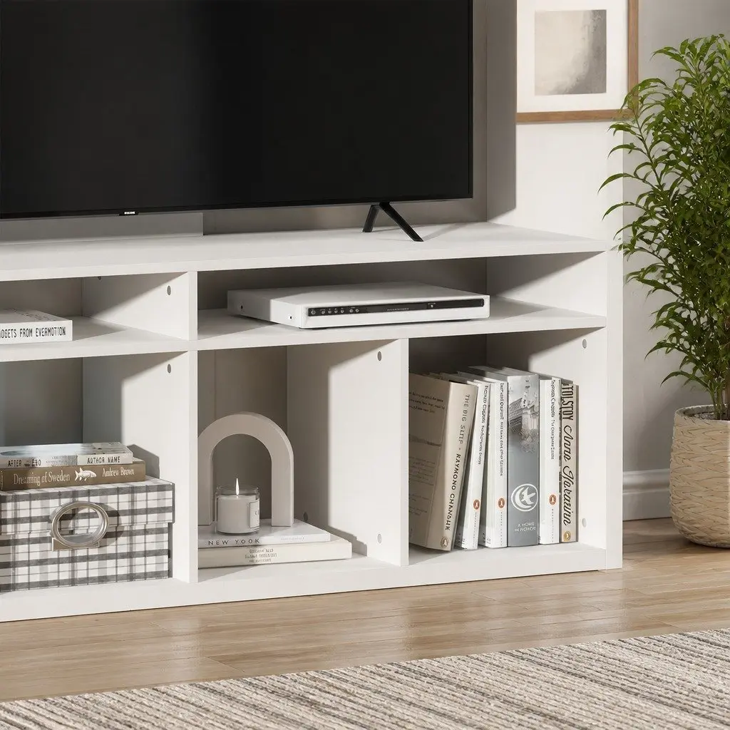 TV Stand Open Shelves Storage Unit White 183cm Compact Entertainment Center with 11 Compartments for Living Room Organization