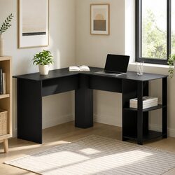 L-Shape Computer Desk with Open Shelves for Home Office
