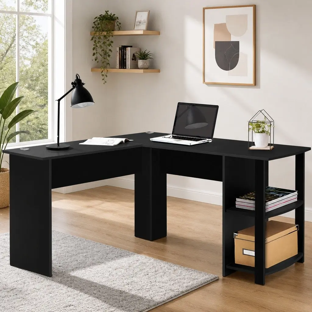 L-Shape Computer Desk with Open Shelves and Cable Management Black