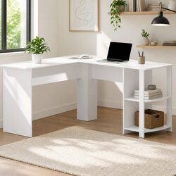 White L-Shape Computer Desk with Cable Management