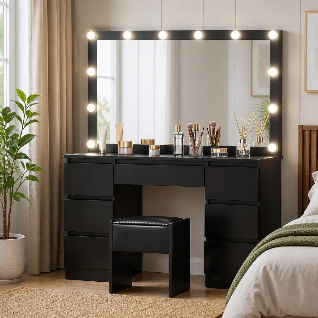 Vanity Desk Set with Large Mirror LED Bulbs Foam Padded Stool Black for Bedroom