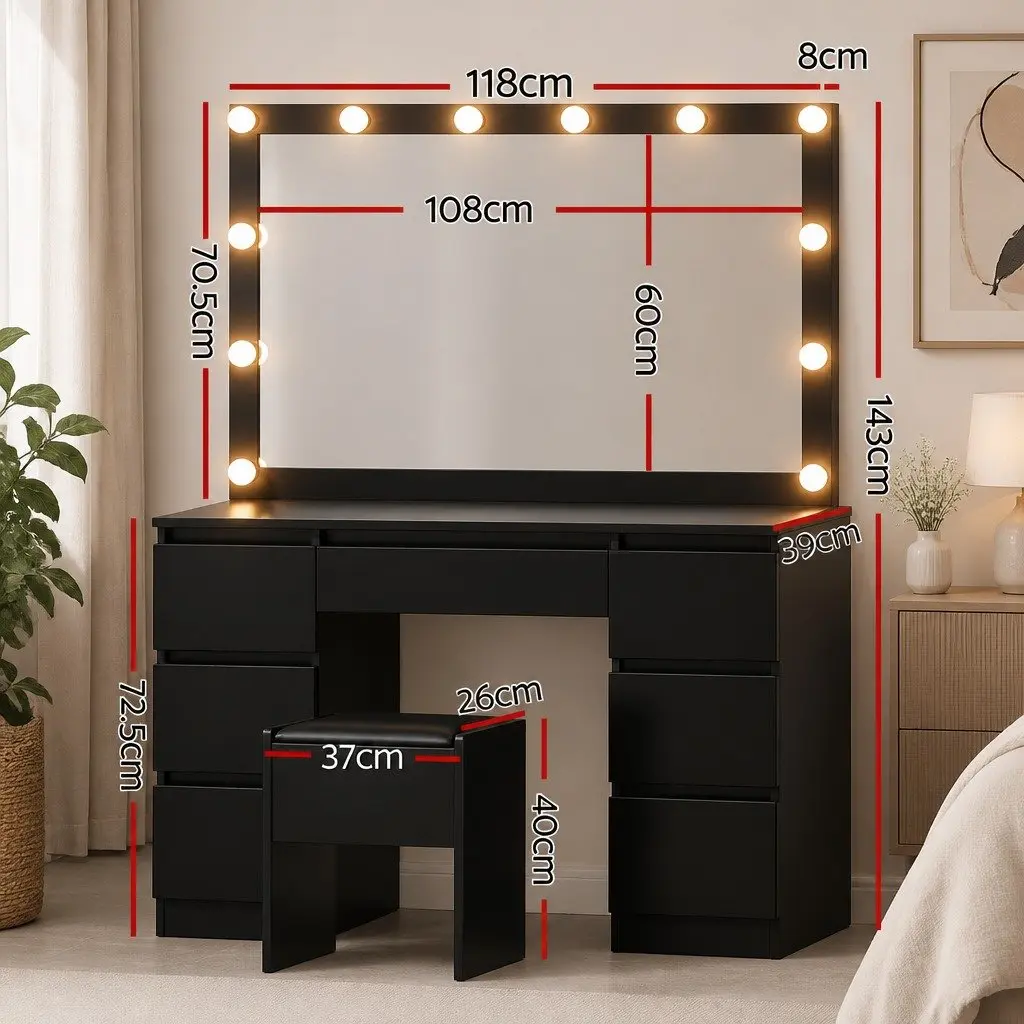 Vanity Desk Set with Large Mirror LED Bulbs Foam Padded Stool Black for Bedroom