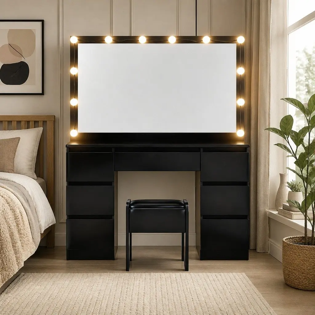 Vanity Desk Set with Large Mirror LED Bulbs Foam Padded Stool Black for Bedroom