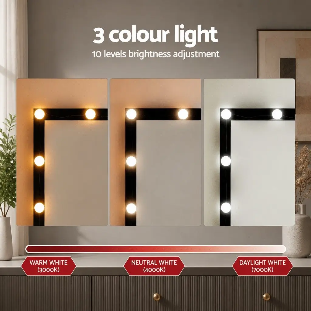 Vanity Desk Set with Large Mirror LED Bulbs Foam Padded Stool Black for Bedroom