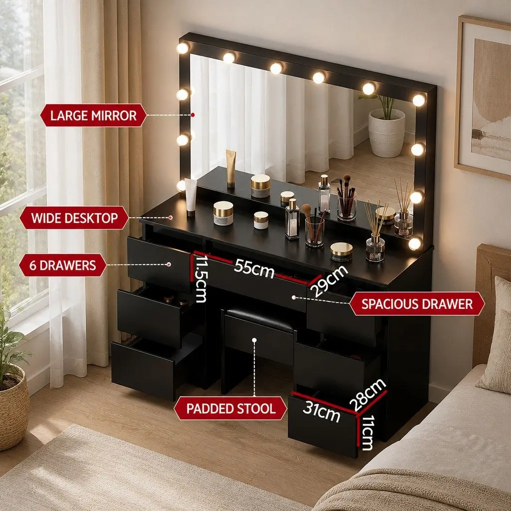 Vanity Desk Set with Large Mirror LED Bulbs Foam Padded Stool Black for Bedroom