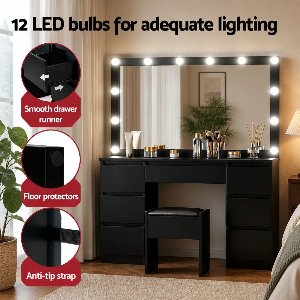 Vanity Desk Set with Large Mirror LED Bulbs Foam Padded Stool Black for Bedroom