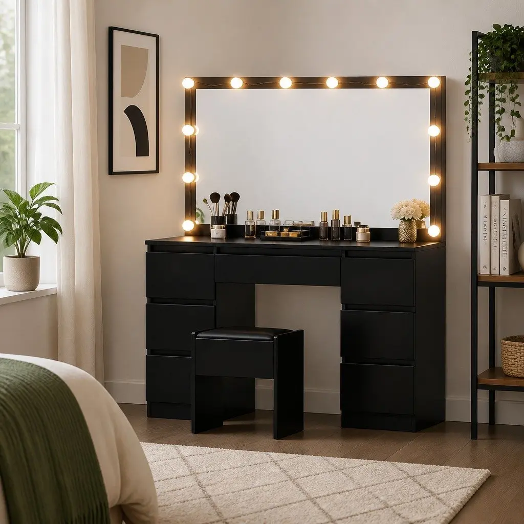 Vanity Desk Set with Large Mirror LED Bulbs Foam Padded Stool Black for Bedroom
