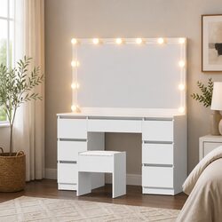 Dressing Table with Stool and 12 LED Bulbs - White