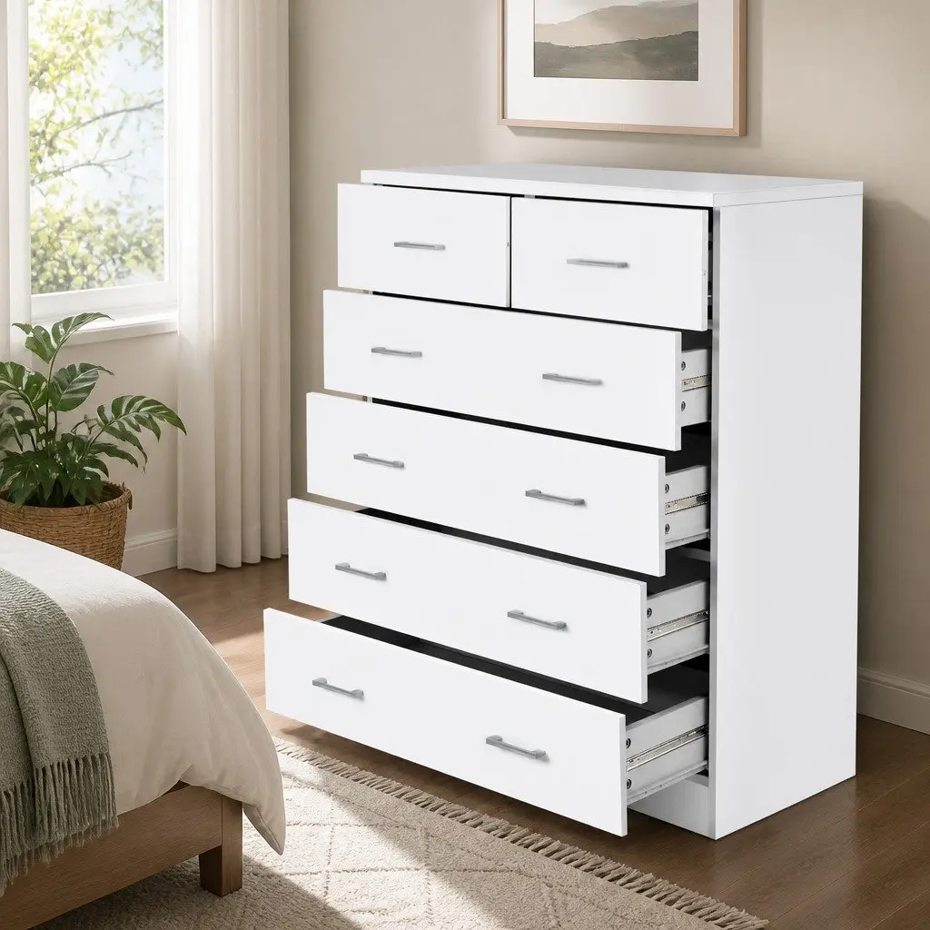 6 Drawer Tallboy Chest of Drawers White Storage Cabinet Melamine Finish with Metal Runners