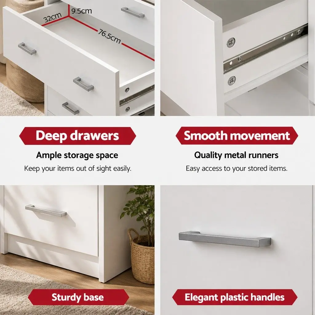 6 Drawer Tallboy Chest of Drawers White Storage Cabinet Melamine Finish with Metal Runners