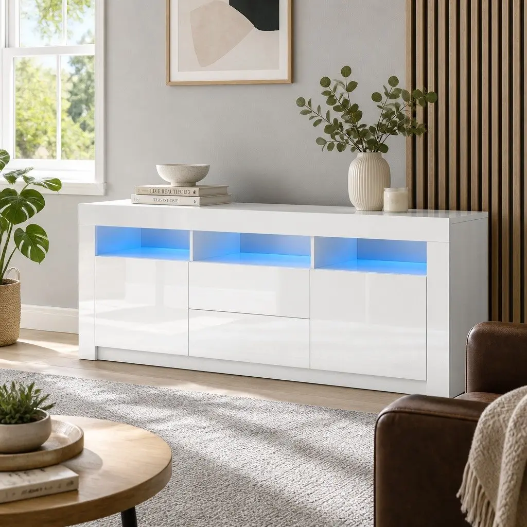 Entertainment Unit TV Cabinet 160cm LED Lighting White Living Room Storage